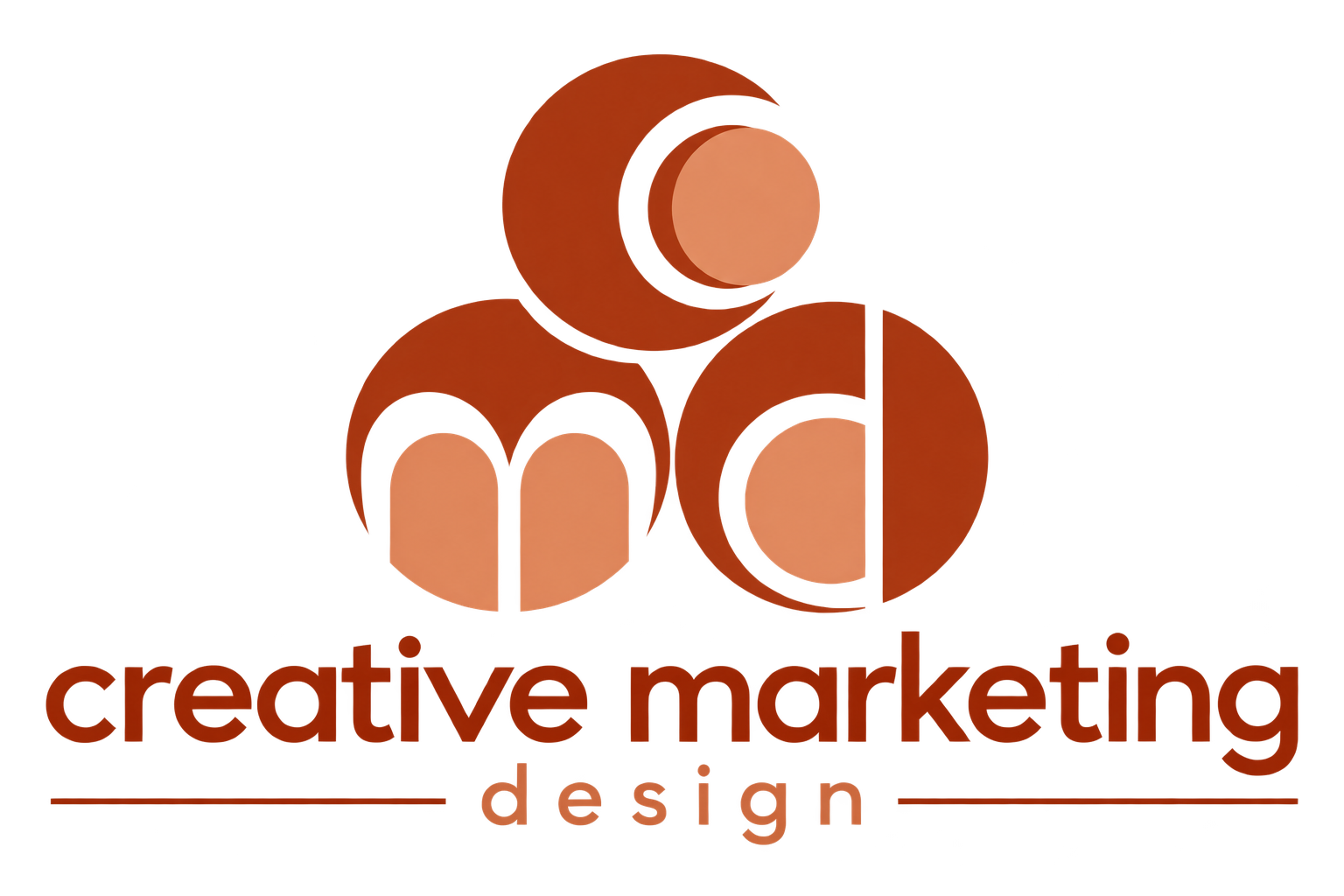 Logo for Creative Marketing Design featuring three circular shapes forming the letters M, D, and C, with the text creative marketing and design below.